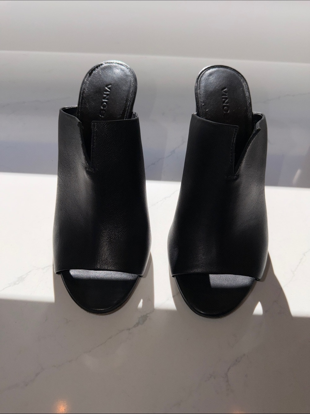 Vince Black Leather Open-Toe Slip-On Mules
